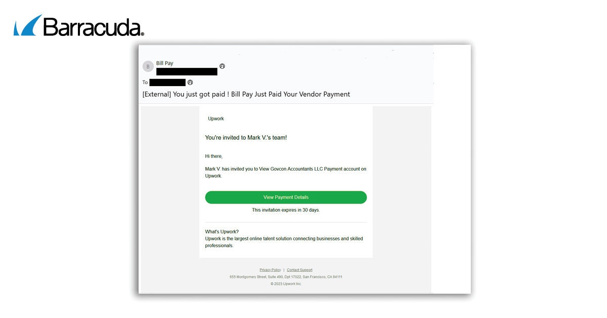 Example of an email attack impersonating UpWork
