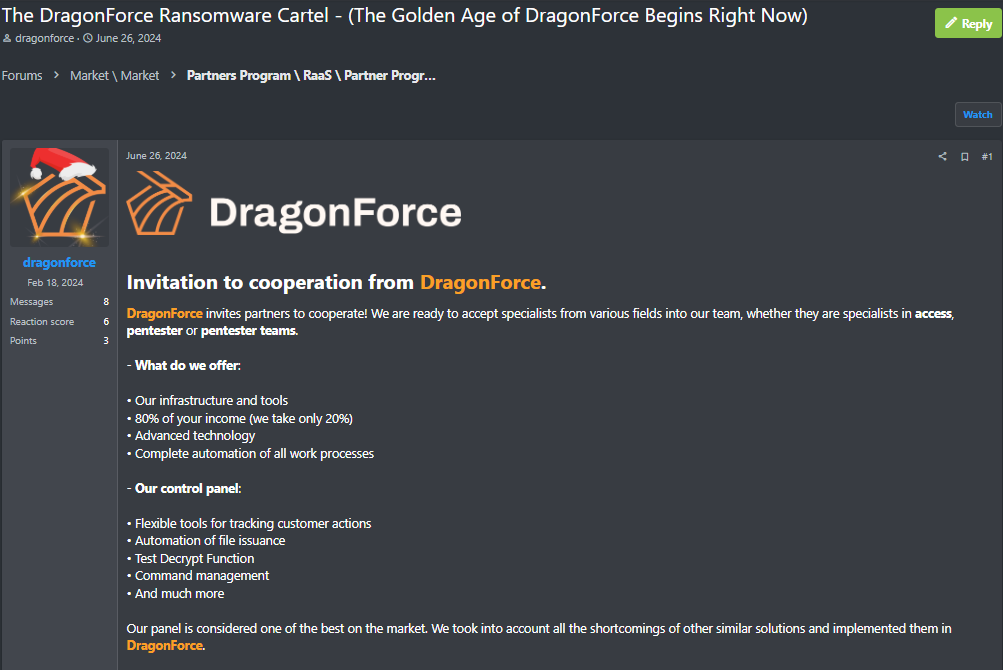 DragonForce RaaS recuitment post on underground forum, via Specops