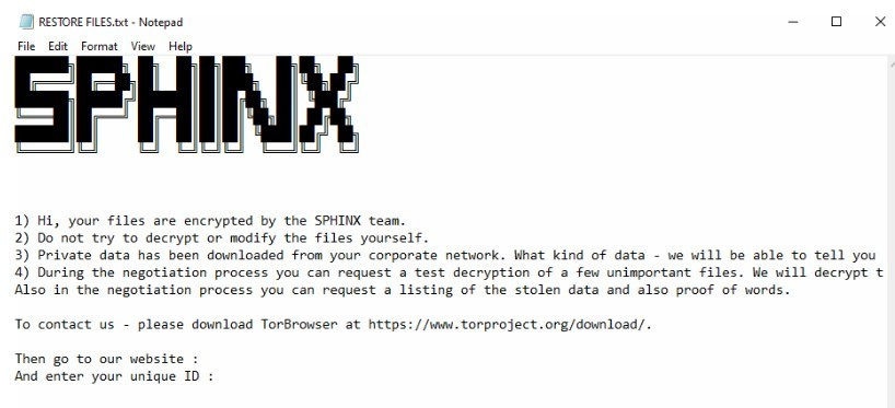 Sphinx ransom note, via Trend Micro
