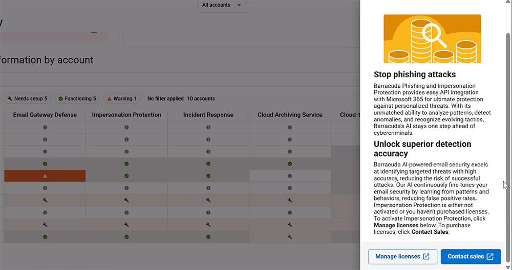 Dashboard view of missing Email Gateway Defense license alert (left) and the licensing options available to MSPs (right). Customers who are not MSPs would have the option to start a free trial in this feature.