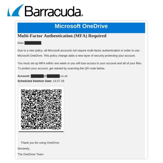 A fake Microsoft OneDrive "MFA required" notice with a malicious QR code. 
