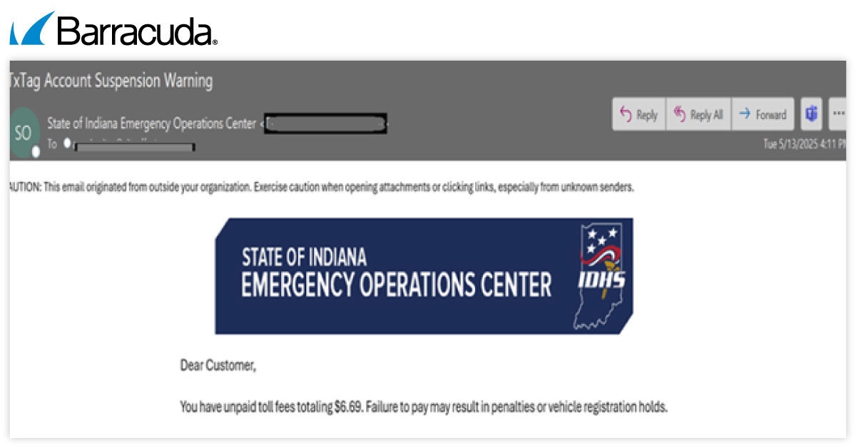 Example of a phishing email impersonating a toll agency