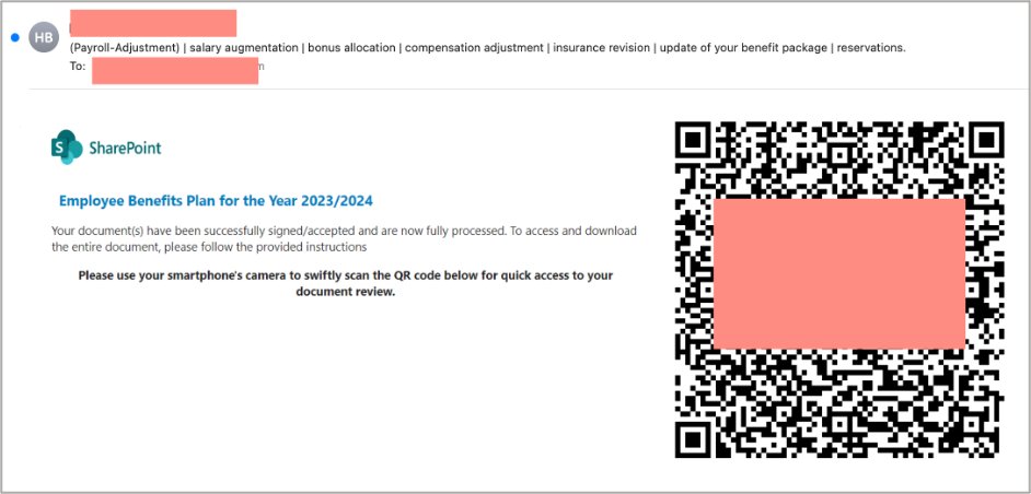 Example of QR code email phishing attacks