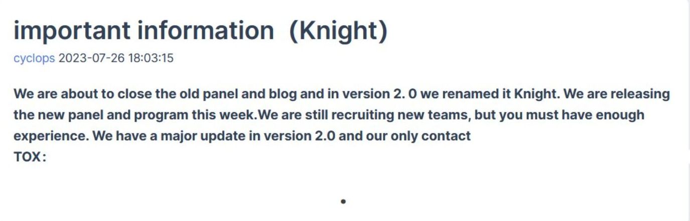 Cyclops announcement of rebrand to Knight, via SuspectFile.com 