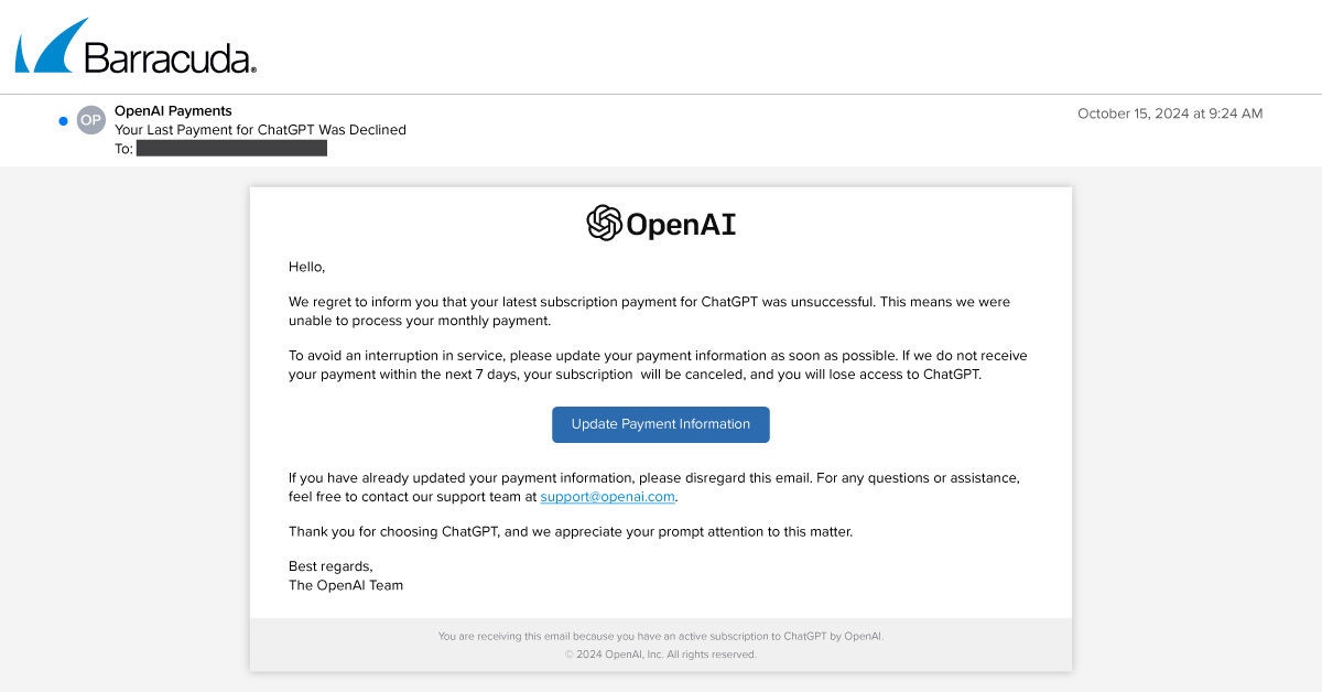 Example of a phishing attack impersonating OpenAI