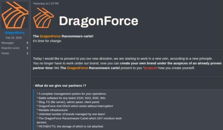 DragonForce repositions itself as the DragonForce Ransomware Cartel and invites others to partner with them on various projects. Via Secureworks