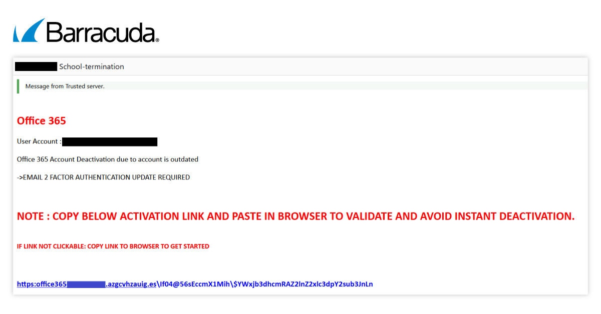 Example of a malicious URL in a phishing email