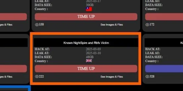 NightSpire DLS victim listing showing shared victims with Rbfs