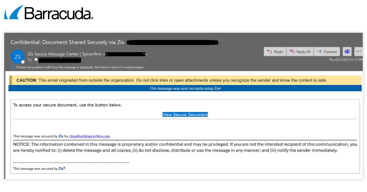 Fake email about a secure message on Zix