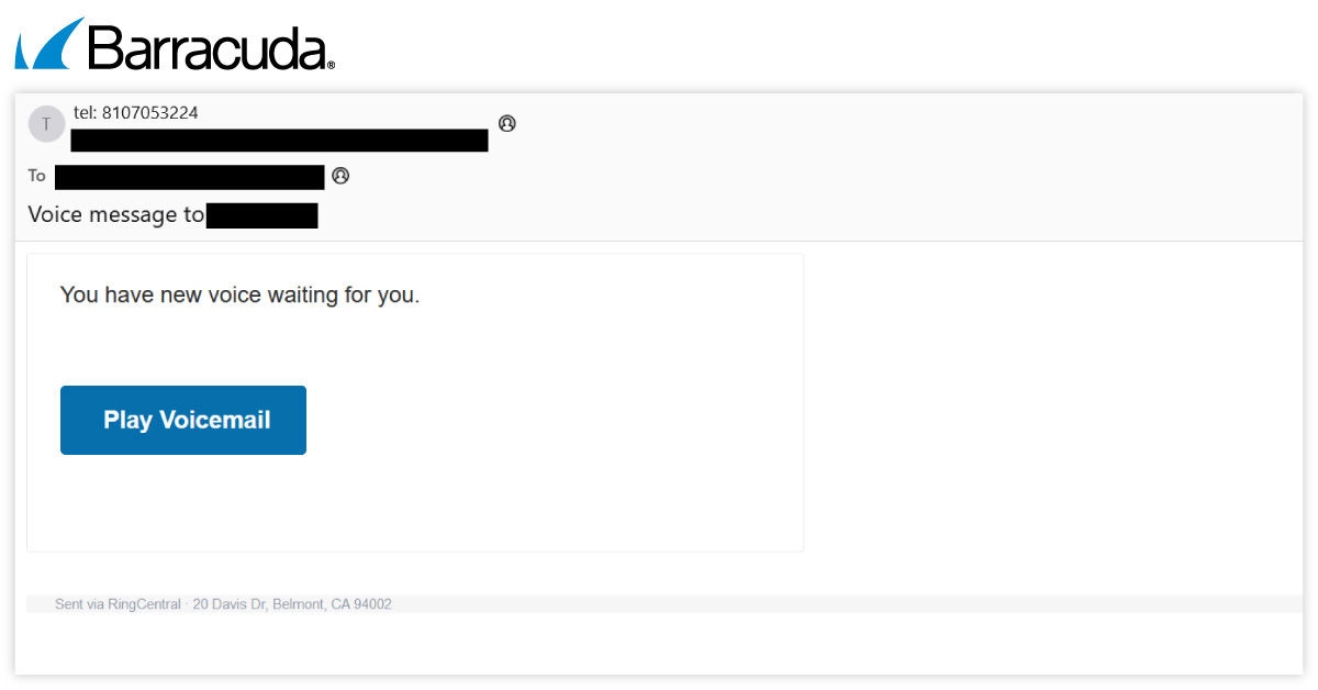 Phishing email impersonating RingCentral voicemail notification