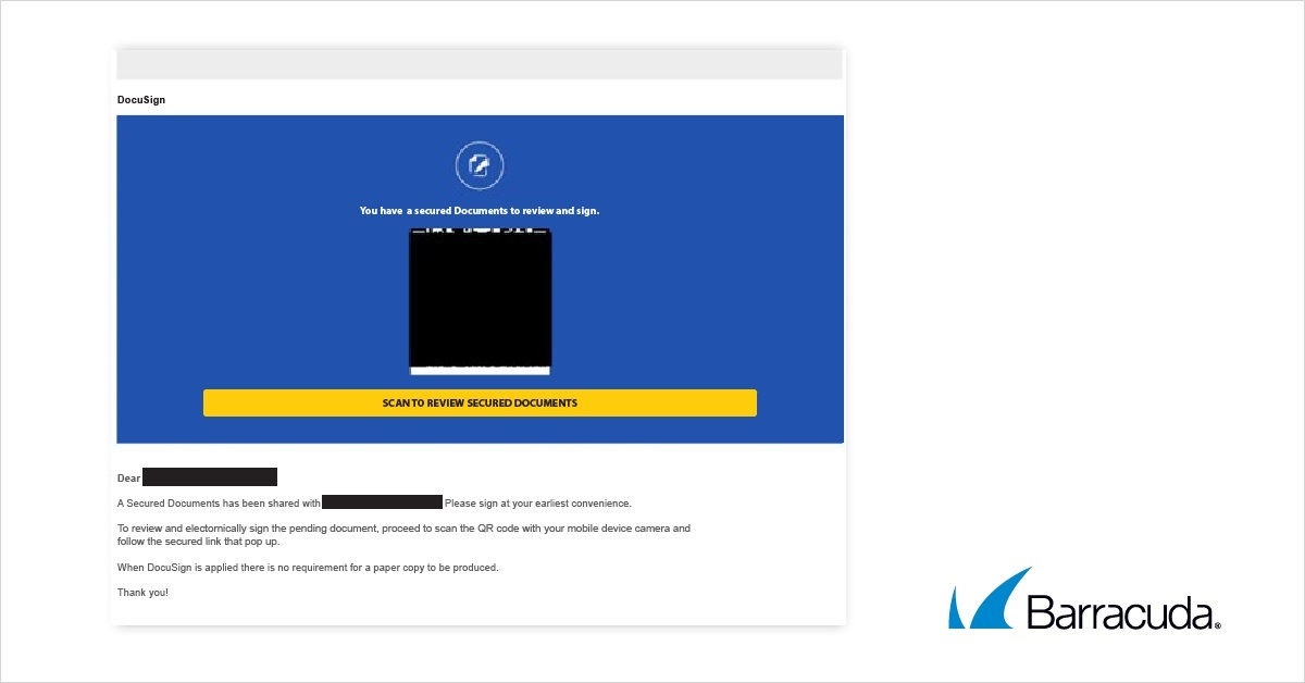 Example of DocuSign impersonated in QR code attack