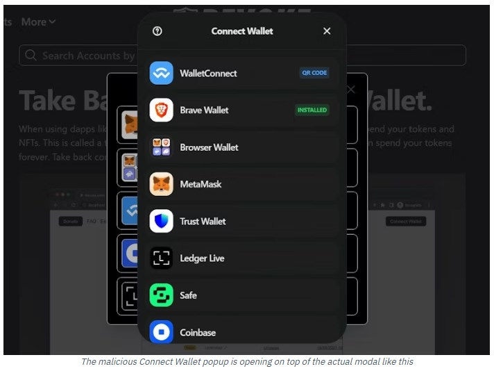 Illustration - Cryptocurrency wallet drainer popup designed to steal assets from a visitor's wallet