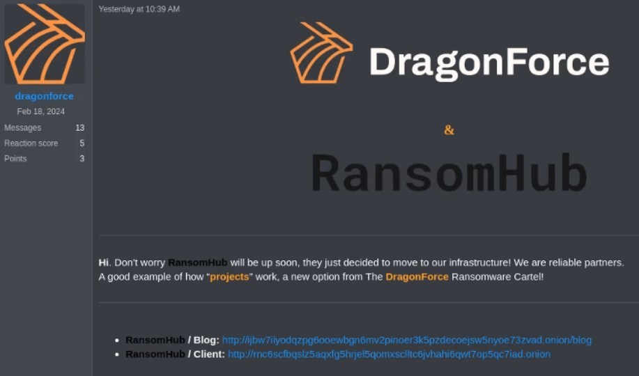 DragonForce announces RansomHub has joined the cartel, via Guidepoint Security