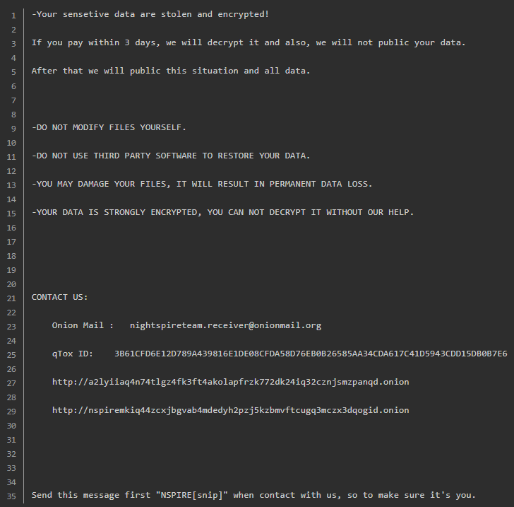 NightSpire ransom note (readme.txt)