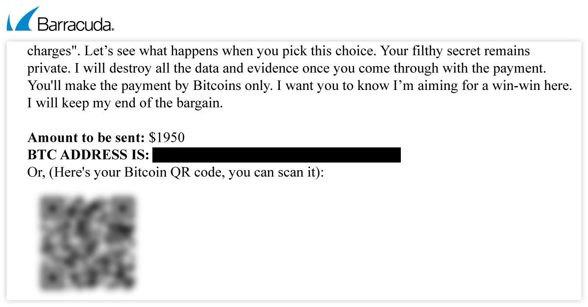 Example of a sextortion email that includes a QR code for payment