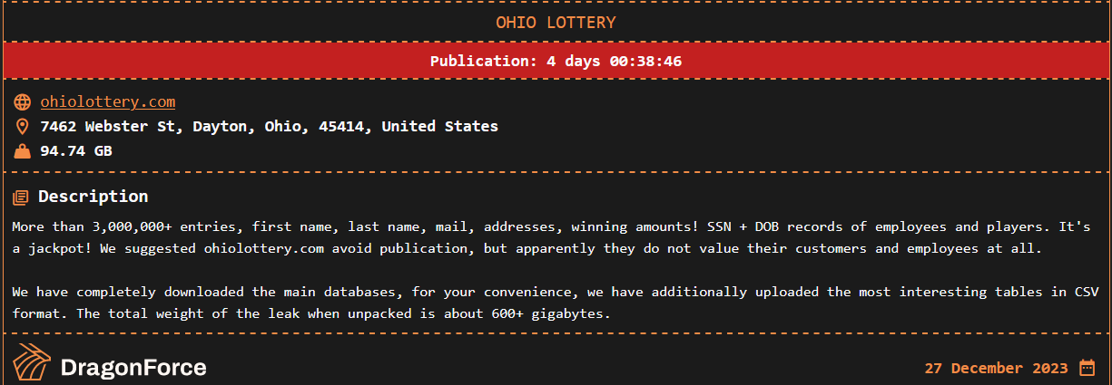 The Ohio Lottery is published on the DragonForce leak site, via FalconFeeds.