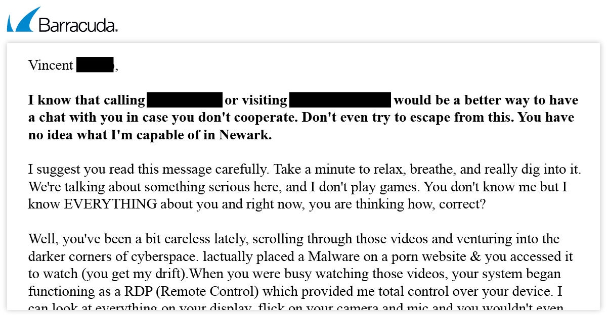 Example of a sextortion email with personalization