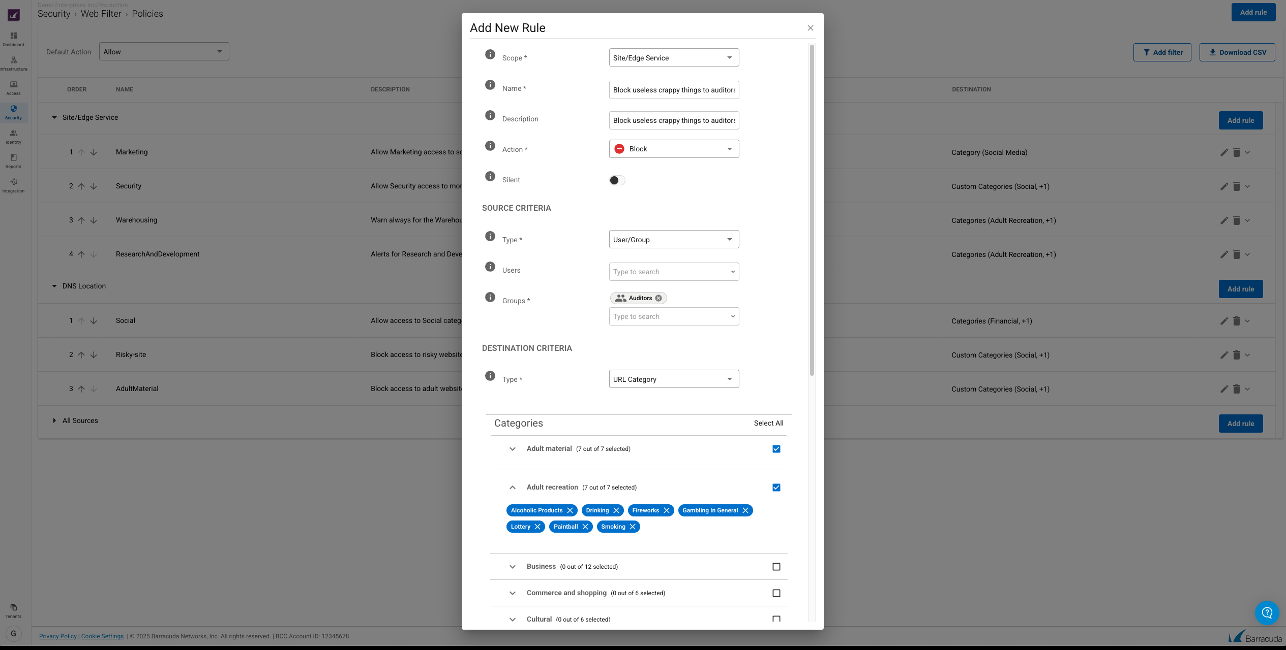 Barracuda Web Filter new rule interface