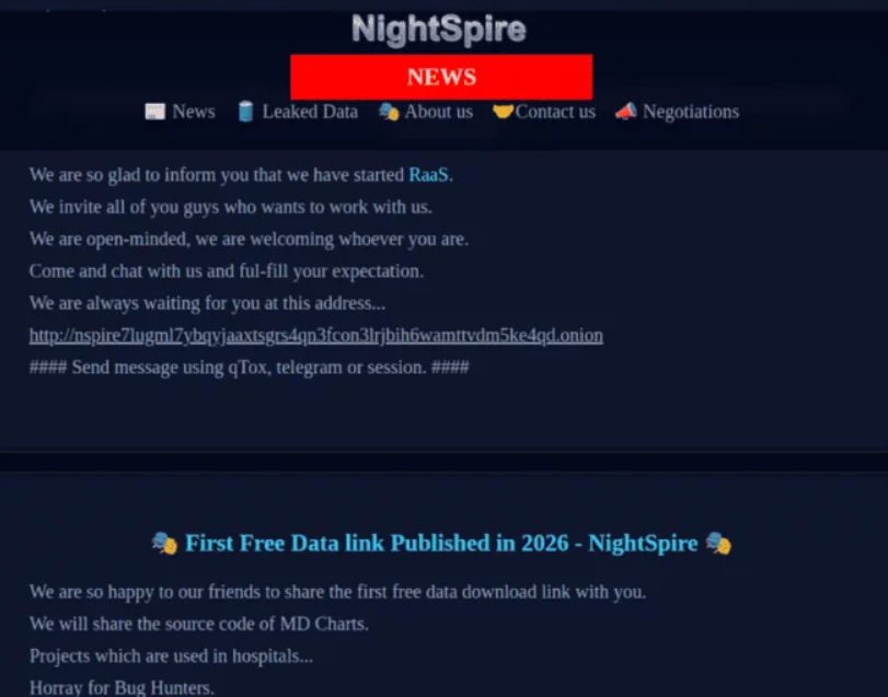 NightSpire RaaS affiliate recruitment announcement on DLS, April 2026