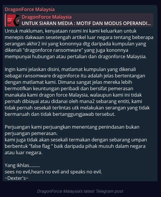 DragonForce Malaysia official Telegram channel post regarding DragonForce Ransomware, via SOCRadar